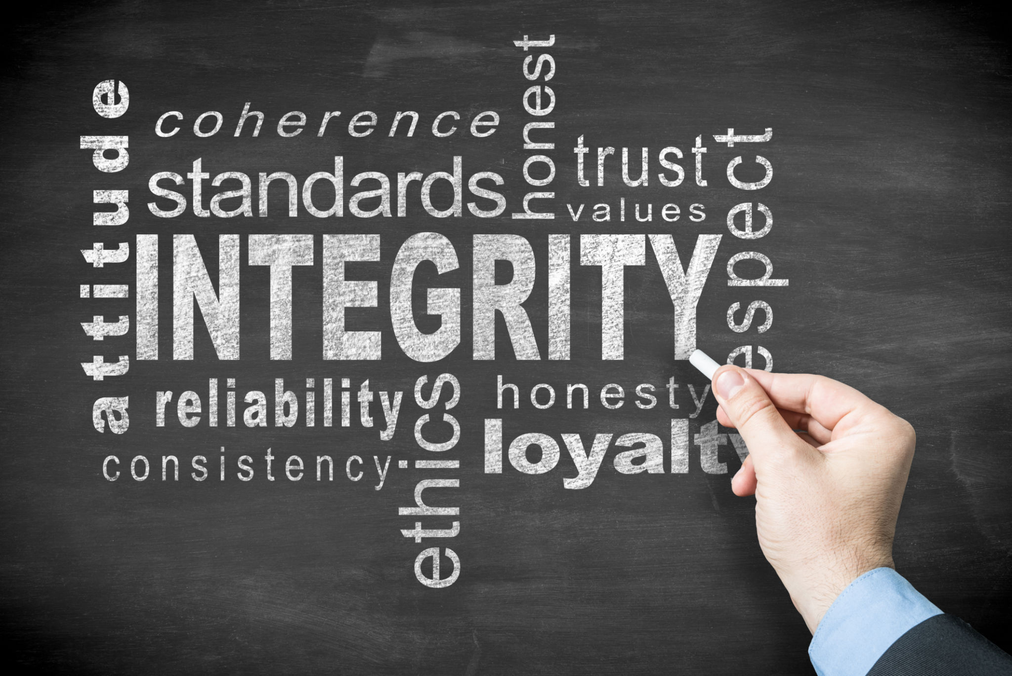 Hand drawing ’Integrity' related word cloud in white letters on a blackboard. The word 'Integrity' is in the center and approximately 12 words surround it and are positioned both horizontally and vertically.